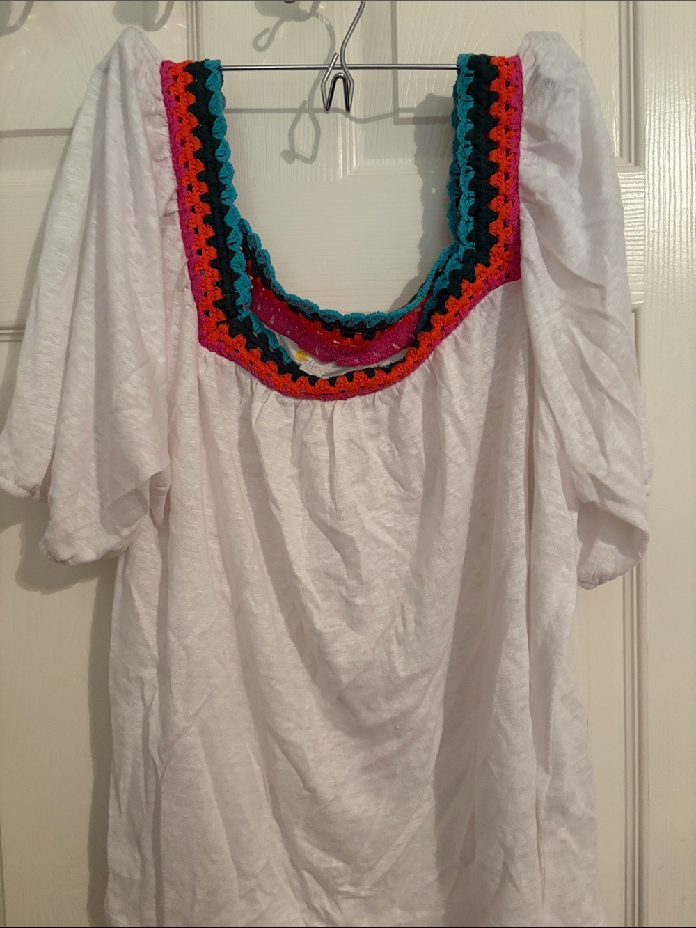 Boden White Peasant Tunic with Multicolor Crochet Trim